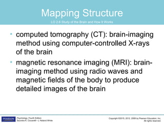 Copyright ©2015, 2012, 2008 by Pearson Education, Inc.
All rights reserved.
Psychology, Fourth Edition
Saundra K. Ciccarelli • J. Noland White
Mapping Structure
• computed tomography (CT): brain-imaging
method using computer-controlled X-rays
of the brain
• magnetic resonance imaging (MRI): brain-
imaging method using radio waves and
magnetic fields of the body to produce
detailed images of the brain
LO 2.6 Study of the Brain and How It Works
 