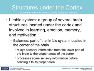 Copyright ©2015, 2012, 2008 by Pearson Education, Inc.
All rights reserved.
Psychology, Fourth Edition
Saundra K. Ciccarelli • J. Noland White
Structures under the Cortex
• Limbic system: a group of several brain
structures located under the cortex and
involved in learning, emotion, memory,
and motivation
– thalamus: part of the limbic system located in
the center of the brain
 relays sensory information from the lower part of
the brain to the proper areas of the cortex
 processes some sensory information before
sending it to its proper area
LO 2.8 Structures that Control Emotion, Learning, Memory, and Motivation
 