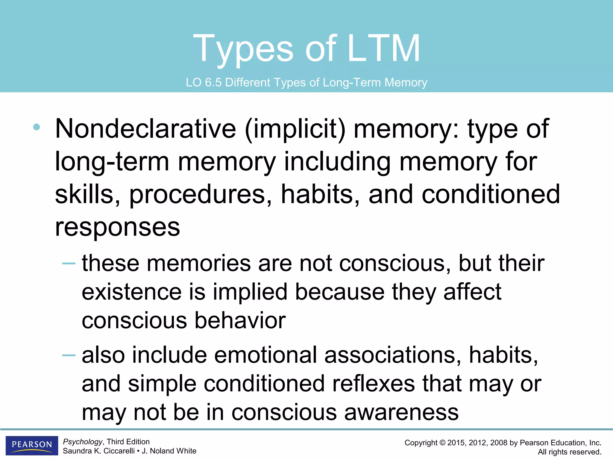 Copyright © 2015, 2012, 2008 by Pearson Education, Inc.
All rights reserved.
Psychology, Third Edition
Saundra K. Ciccarelli • J. Noland White
Types of LTM
• Nondeclarative (implicit) memory: type of
long-term memory including memory for
skills, procedures, habits, and conditioned
responses
– these memories are not conscious, but their
existence is implied because they affect
conscious behavior
– also include emotional associations, habits,
and simple conditioned reflexes that may or
may not be in conscious awareness
LO 6.5 Different Types of Long-Term Memory
 