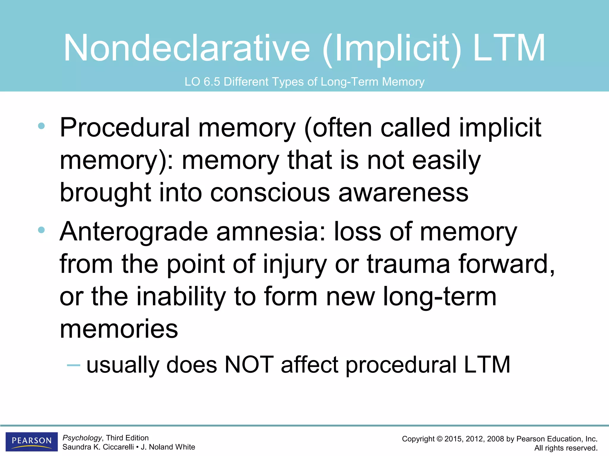 Copyright © 2015, 2012, 2008 by Pearson Education, Inc.
All rights reserved.
Psychology, Third Edition
Saundra K. Ciccarelli • J. Noland White
Nondeclarative (Implicit) LTM
• Procedural memory (often called implicit
memory): memory that is not easily
brought into conscious awareness
• Anterograde amnesia: loss of memory
from the point of injury or trauma forward,
or the inability to form new long-term
memories
– usually does NOT affect procedural LTM
LO 6.5 Different Types of Long-Term Memory
 