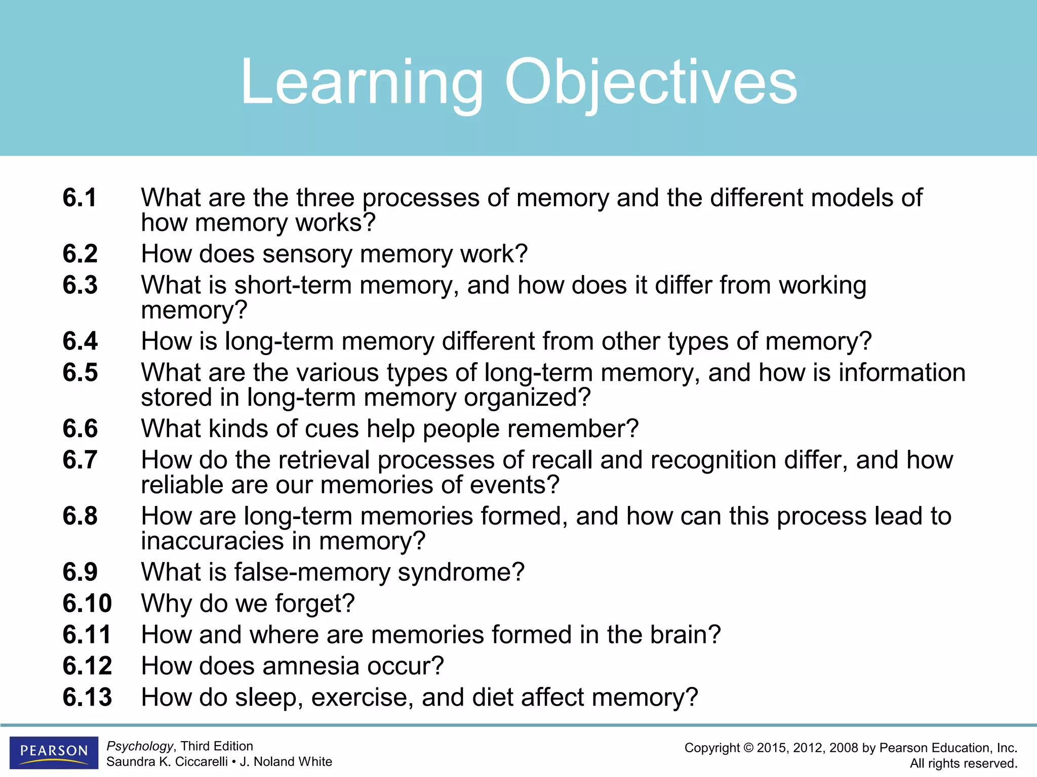 Copyright © 2015, 2012, 2008 by Pearson Education, Inc.
All rights reserved.
Psychology, Third Edition
Saundra K. Ciccarelli • J. Noland White
Learning Objectives
6.1 What are the three processes of memory and the different models of
how memory works?
6.2 How does sensory memory work?
6.3 What is short-term memory, and how does it differ from working
memory?
6.4 How is long-term memory different from other types of memory?
6.5 What are the various types of long-term memory, and how is information
stored in long-term memory organized?
6.6 What kinds of cues help people remember?
6.7 How do the retrieval processes of recall and recognition differ, and how
reliable are our memories of events?
6.8 How are long-term memories formed, and how can this process lead to
inaccuracies in memory?
6.9 What is false-memory syndrome?
6.10 Why do we forget?
6.11 How and where are memories formed in the brain?
6.12 How does amnesia occur?
6.13 How do sleep, exercise, and diet affect memory?
 