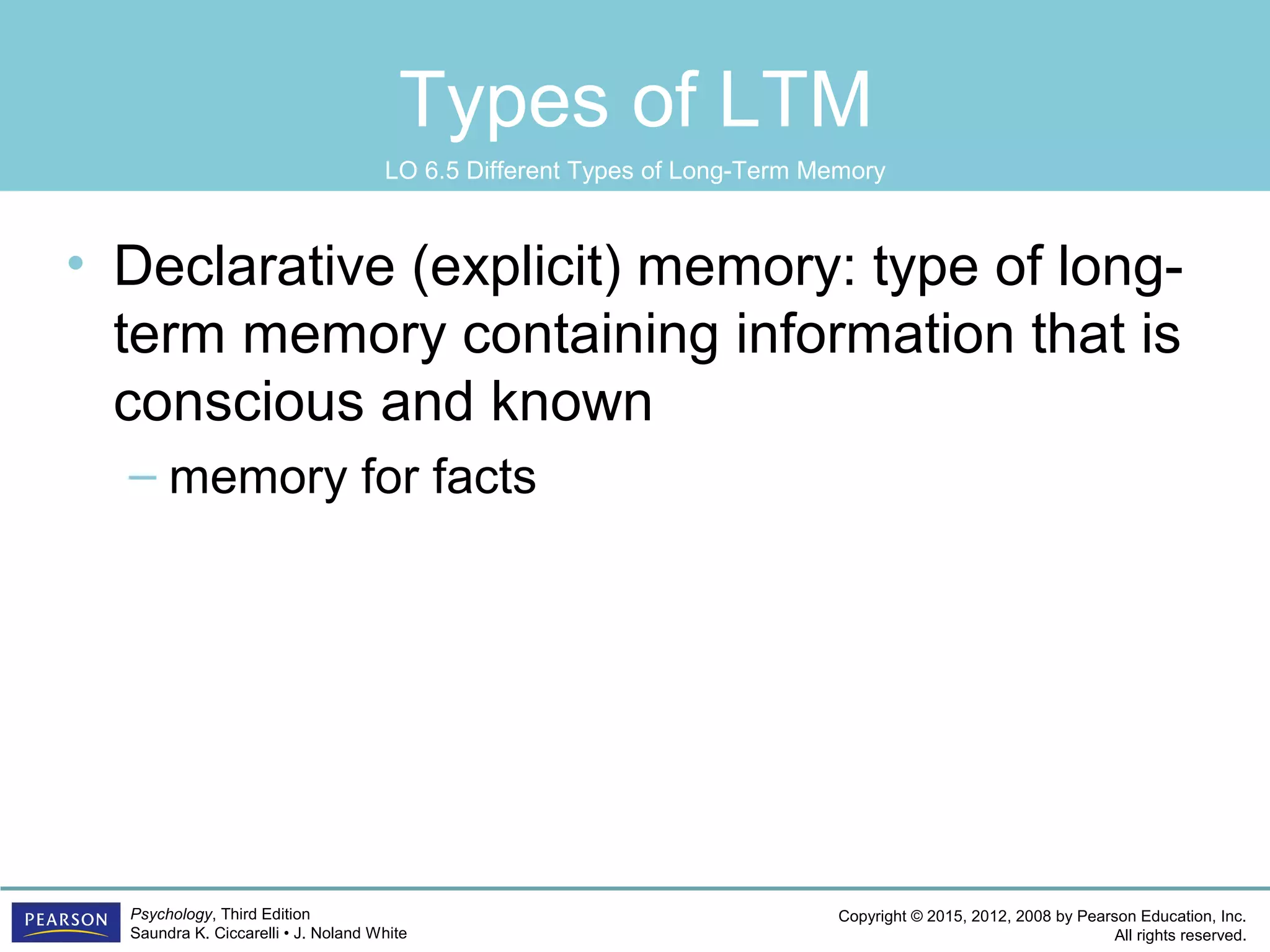 Copyright © 2015, 2012, 2008 by Pearson Education, Inc.
All rights reserved.
Psychology, Third Edition
Saundra K. Ciccarelli • J. Noland White
Types of LTM
• Declarative (explicit) memory: type of long-
term memory containing information that is
conscious and known
– memory for facts
LO 6.5 Different Types of Long-Term Memory
 
