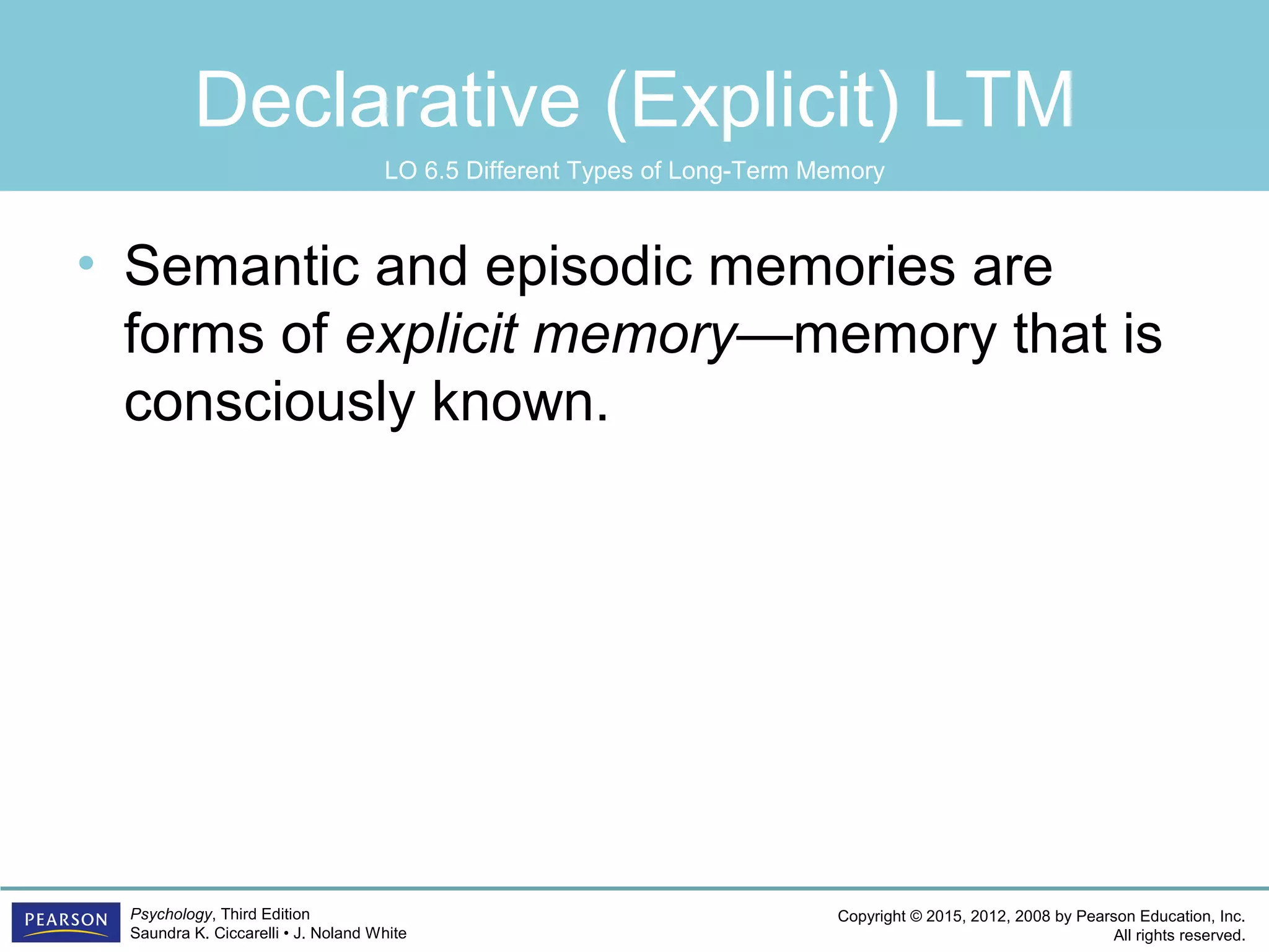 Copyright © 2015, 2012, 2008 by Pearson Education, Inc.
All rights reserved.
Psychology, Third Edition
Saundra K. Ciccarelli • J. Noland White
Declarative (Explicit) LTM
• Semantic and episodic memories are
forms of explicit memory—memory that is
consciously known.
LO 6.5 Different Types of Long-Term Memory
 