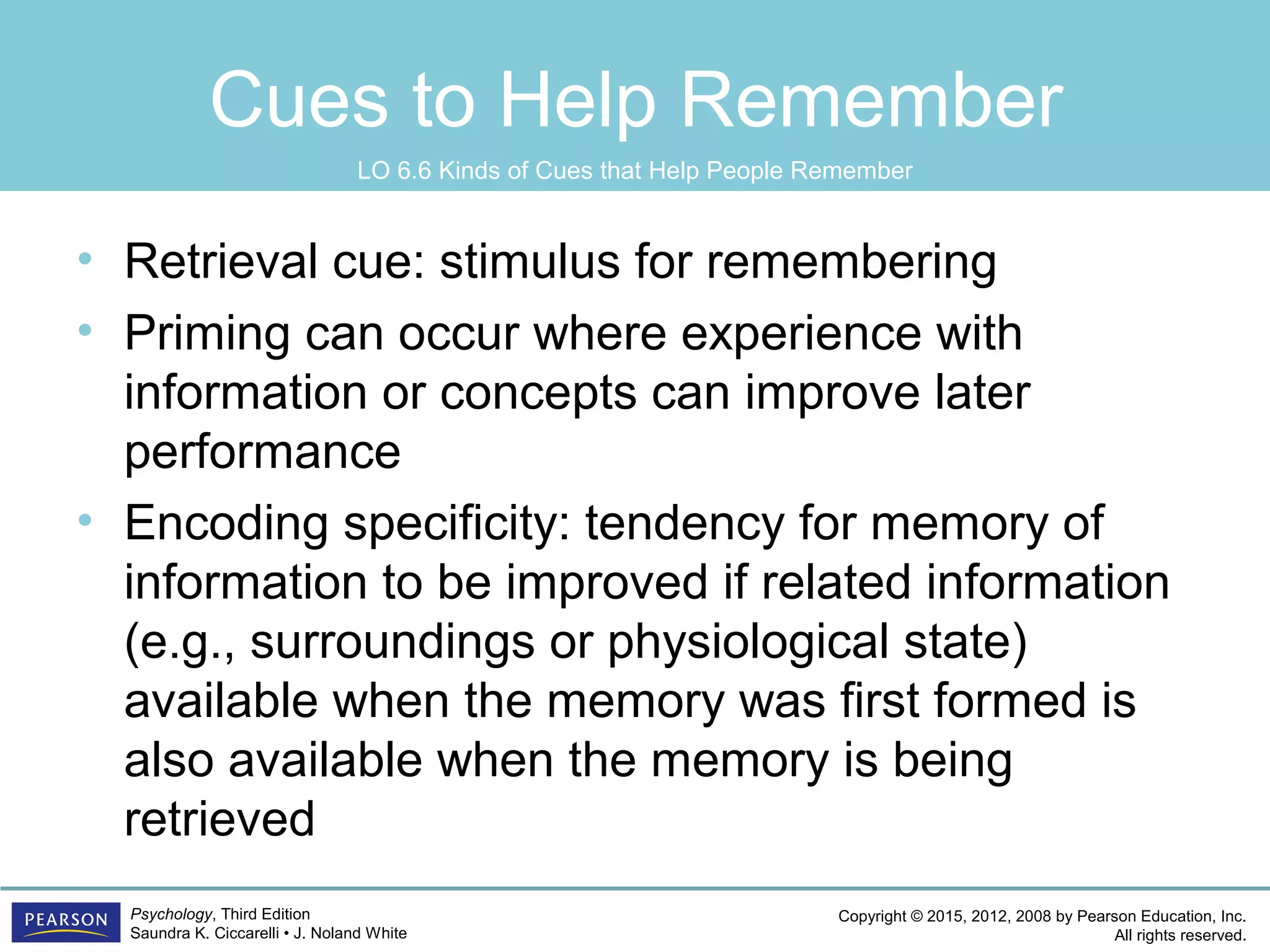Copyright © 2015, 2012, 2008 by Pearson Education, Inc.
All rights reserved.
Psychology, Third Edition
Saundra K. Ciccarelli • J. Noland White
Cues to Help Remember
• Retrieval cue: stimulus for remembering
• Priming can occur where experience with
information or concepts can improve later
performance
• Encoding specificity: tendency for memory of
information to be improved if related information
(e.g., surroundings or physiological state)
available when the memory was first formed is
also available when the memory is being
retrieved
LO 6.6 Kinds of Cues that Help People Remember
 