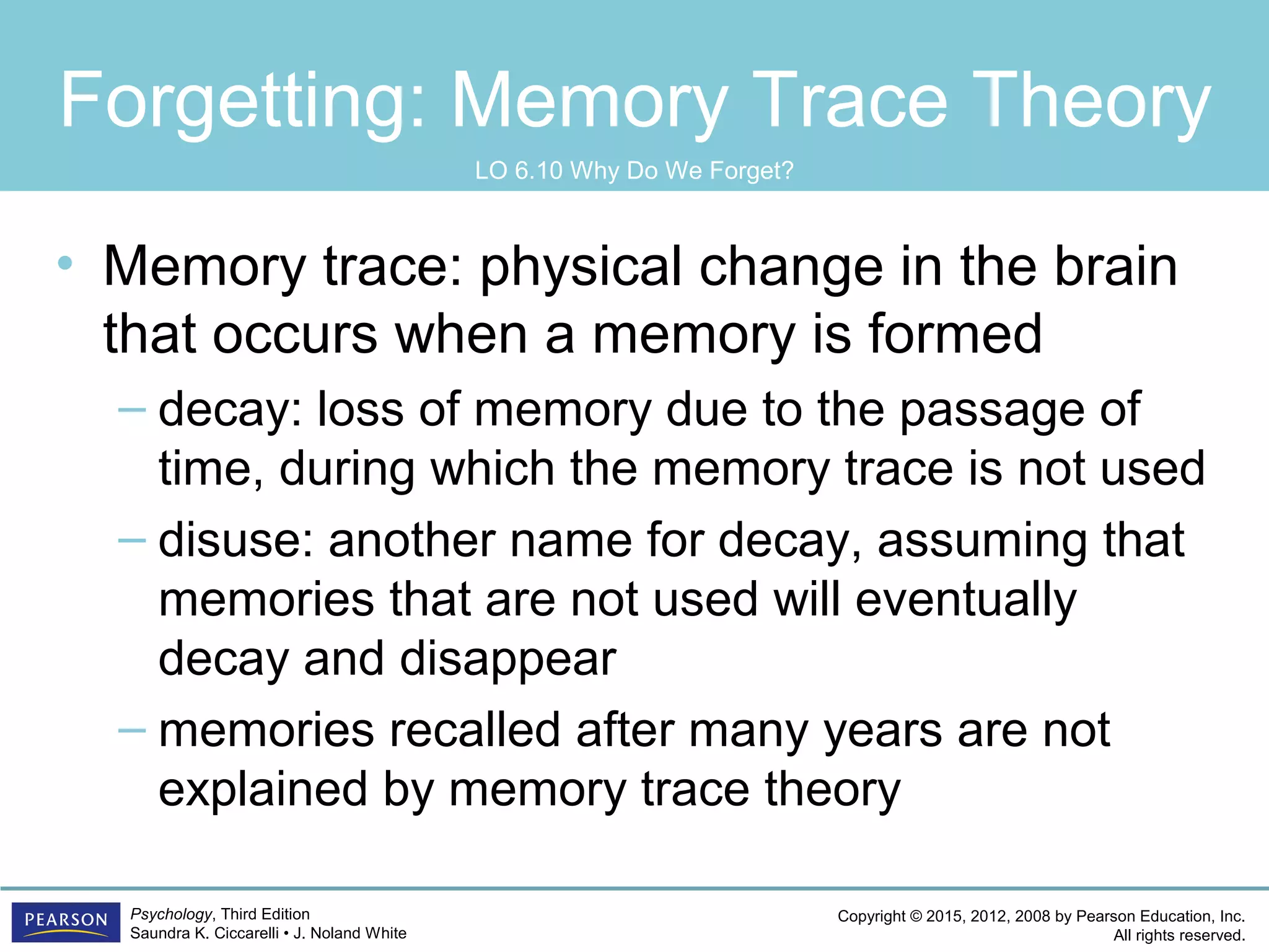 Copyright © 2015, 2012, 2008 by Pearson Education, Inc.
All rights reserved.
Psychology, Third Edition
Saundra K. Ciccarelli • J. Noland White
Forgetting: Memory Trace Theory
• Memory trace: physical change in the brain
that occurs when a memory is formed
– decay: loss of memory due to the passage of
time, during which the memory trace is not used
– disuse: another name for decay, assuming that
memories that are not used will eventually
decay and disappear
– memories recalled after many years are not
explained by memory trace theory
LO 6.10 Why Do We Forget?
t
 