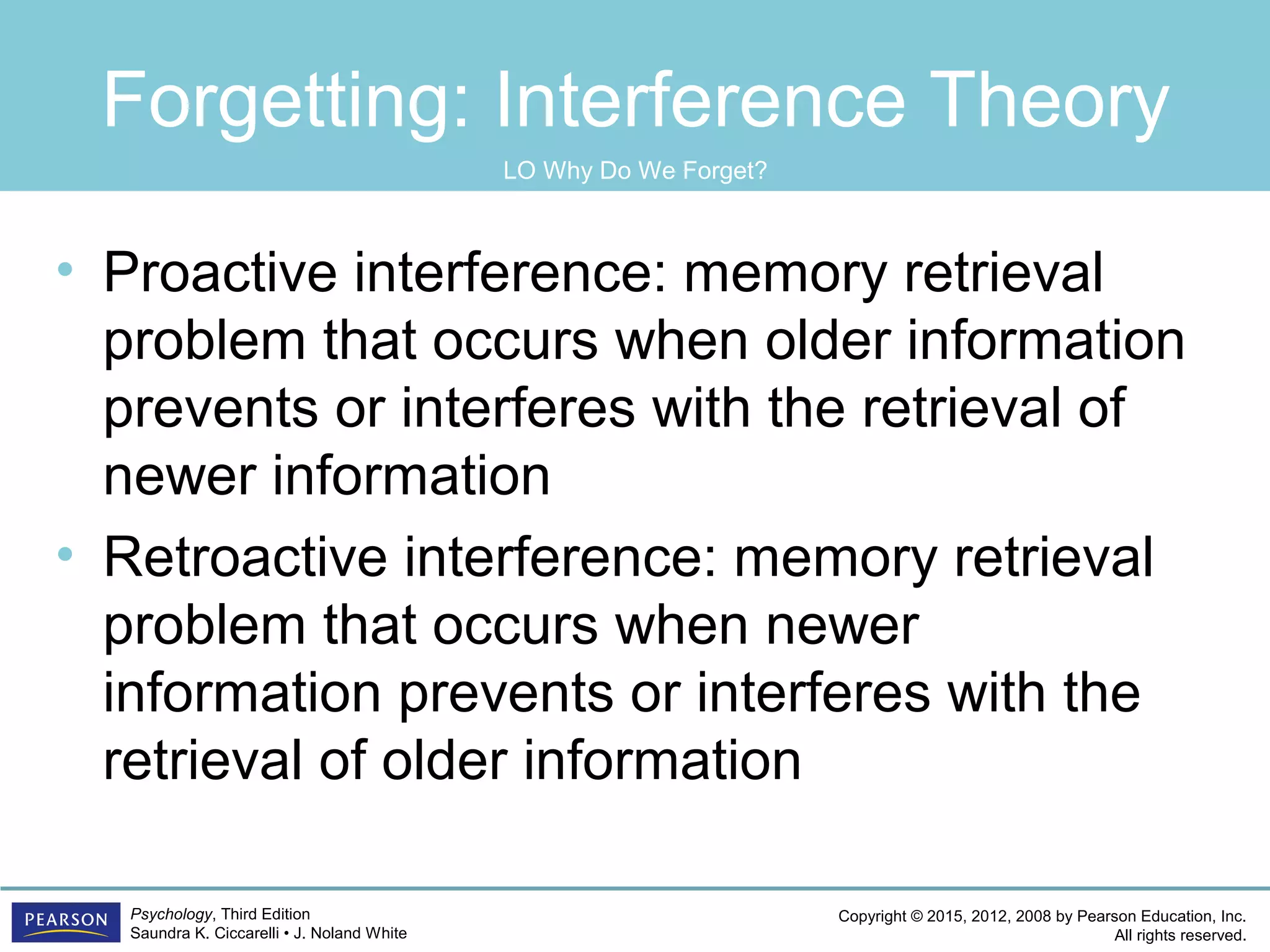Copyright © 2015, 2012, 2008 by Pearson Education, Inc.
All rights reserved.
Psychology, Third Edition
Saundra K. Ciccarelli • J. Noland White
Forgetting: Interference Theory
• Proactive interference: memory retrieval
problem that occurs when older information
prevents or interferes with the retrieval of
newer information
• Retroactive interference: memory retrieval
problem that occurs when newer
information prevents or interferes with the
retrieval of older information
LO Why Do We Forget?
 