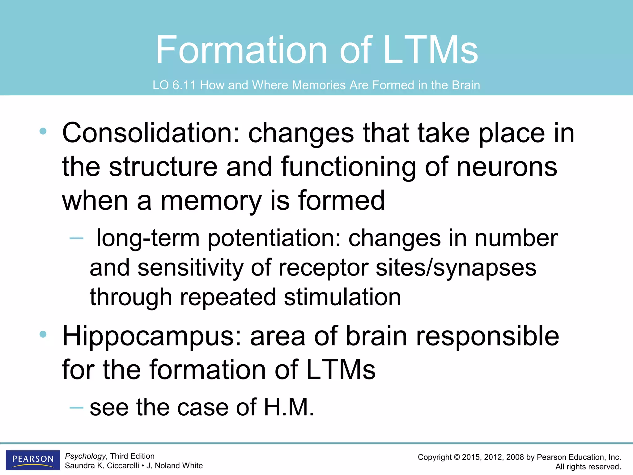 Copyright © 2015, 2012, 2008 by Pearson Education, Inc.
All rights reserved.
Psychology, Third Edition
Saundra K. Ciccarelli • J. Noland White
Formation of LTMs
• Consolidation: changes that take place in
the structure and functioning of neurons
when a memory is formed
– long-term potentiation: changes in number
and sensitivity of receptor sites/synapses
through repeated stimulation
• Hippocampus: area of brain responsible
for the formation of LTMs
– see the case of H.M.
LO 6.11 How and Where Memories Are Formed in the Brain
 