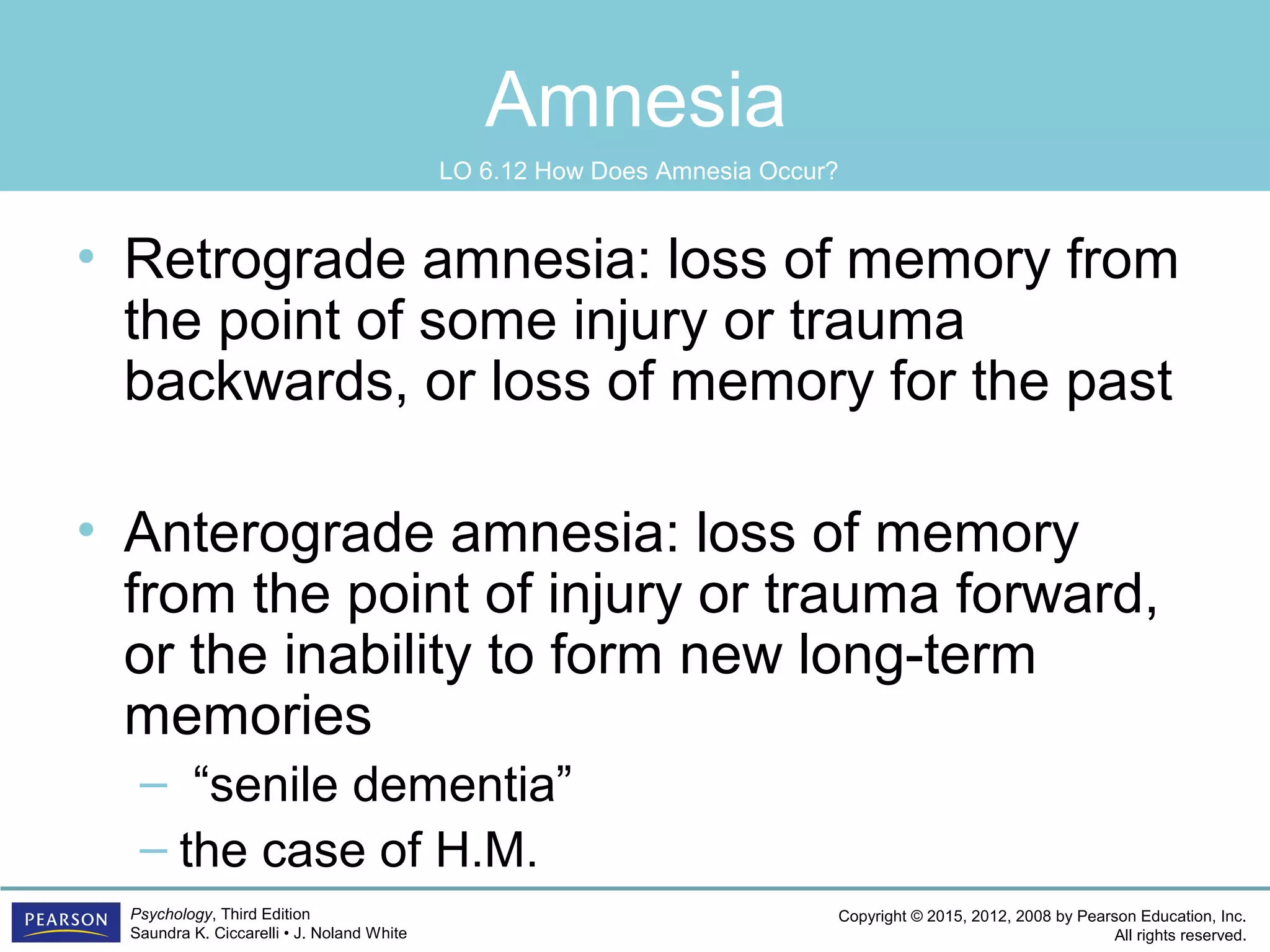 Copyright © 2015, 2012, 2008 by Pearson Education, Inc.
All rights reserved.
Psychology, Third Edition
Saundra K. Ciccarelli • J. Noland White
Amnesia
• Retrograde amnesia: loss of memory from
the point of some injury or trauma
backwards, or loss of memory for the past
• Anterograde amnesia: loss of memory
from the point of injury or trauma forward,
or the inability to form new long-term
memories
– “senile dementia”
– the case of H.M.
LO 6.12 How Does Amnesia Occur?
 