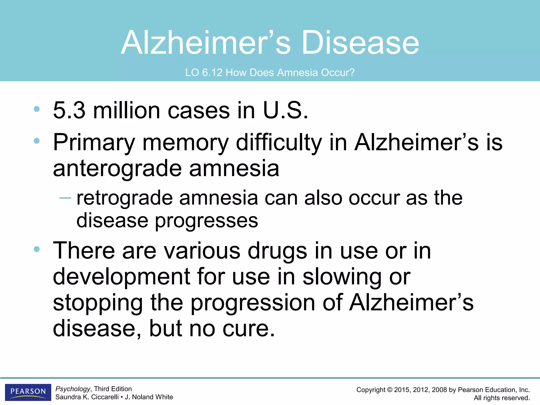 Copyright © 2015, 2012, 2008 by Pearson Education, Inc.
All rights reserved.
Psychology, Third Edition
Saundra K. Ciccarelli • J. Noland White
Alzheimer’s Disease
• 5.3 million cases in U.S.
• Primary memory difficulty in Alzheimer’s is
anterograde amnesia
– retrograde amnesia can also occur as the
disease progresses
• There are various drugs in use or in
development for use in slowing or
stopping the progression of Alzheimer’s
disease, but no cure.
LO 6.12 How Does Amnesia Occur?
 