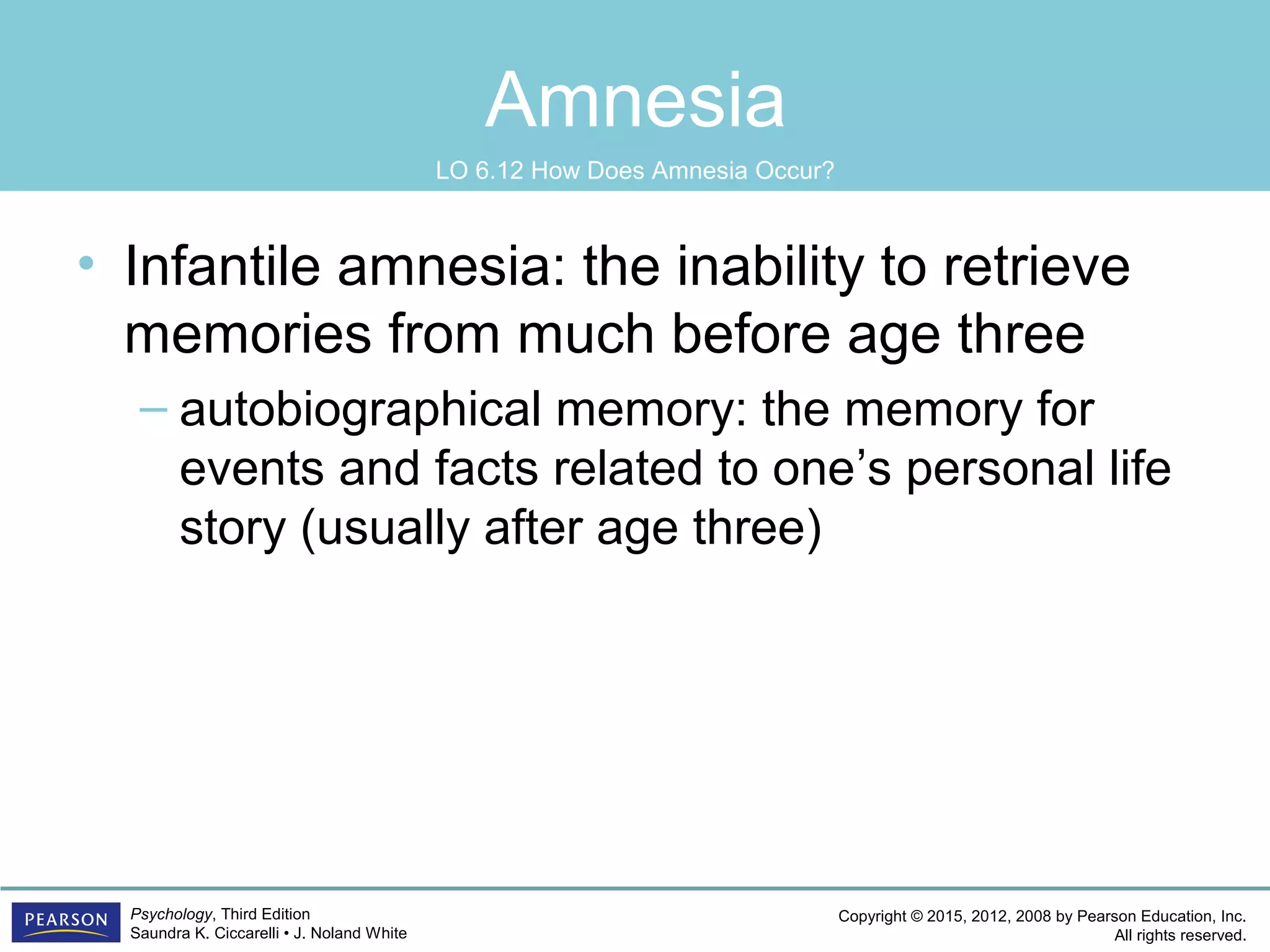 Copyright © 2015, 2012, 2008 by Pearson Education, Inc.
All rights reserved.
Psychology, Third Edition
Saundra K. Ciccarelli • J. Noland White
Amnesia
• Infantile amnesia: the inability to retrieve
memories from much before age three
– autobiographical memory: the memory for
events and facts related to one’s personal life
story (usually after age three)
LO 6.12 How Does Amnesia Occur?
 