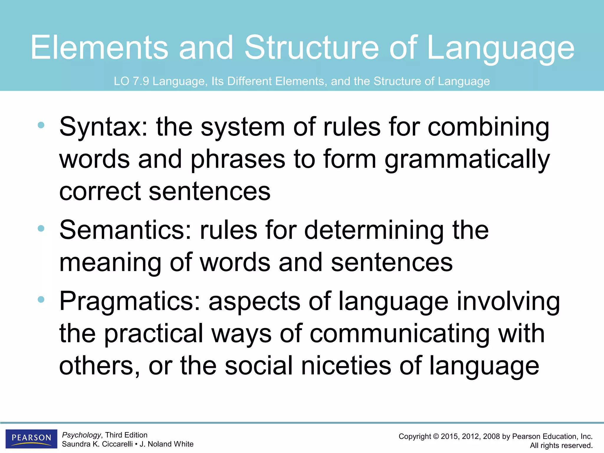 Copyright © 2015, 2012, 2008 by Pearson Education, Inc.
All rights reserved.
Psychology, Third Edition
Saundra K. Ciccarelli • J. Noland White
Elements and Structure of Language
• Syntax: the system of rules for combining
words and phrases to form grammatically
correct sentences
• Semantics: rules for determining the
meaning of words and sentences
• Pragmatics: aspects of language involving
the practical ways of communicating with
others, or the social niceties of language
LO 7.9 Language, Its Different Elements, and the Structure of Language
 