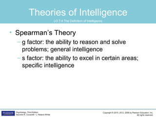 Copyright © 2015, 2012, 2008 by Pearson Education, Inc.
All rights reserved.
Psychology, Third Edition
Saundra K. Ciccarelli • J. Noland White
Theories of Intelligence
• Spearman’s Theory
– g factor: the ability to reason and solve
problems; general intelligence
– s factor: the ability to excel in certain areas;
specific intelligence
LO 7.4 The Definition of Intelligence
 