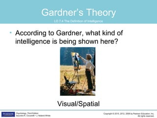Copyright © 2015, 2012, 2008 by Pearson Education, Inc.
All rights reserved.
Psychology, Third Edition
Saundra K. Ciccarelli • J. Noland White
Gardner’s Theory
• According to Gardner, what kind of
intelligence is being shown here?
Visual/Spatial
LO 7.4 The Definition of Intelligence
 