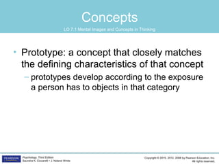 Copyright © 2015, 2012, 2008 by Pearson Education, Inc.
All rights reserved.
Psychology, Third Edition
Saundra K. Ciccarelli • J. Noland White
Concepts
• Prototype: a concept that closely matches
the defining characteristics of that concept
– prototypes develop according to the exposure
a person has to objects in that category
LO 7.1 Mental Images and Concepts in Thinking
 
