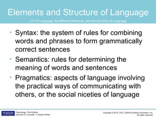 Copyright © 2015, 2012, 2008 by Pearson Education, Inc.
All rights reserved.
Psychology, Third Edition
Saundra K. Ciccarelli • J. Noland White
Elements and Structure of Language
• Syntax: the system of rules for combining
words and phrases to form grammatically
correct sentences
• Semantics: rules for determining the
meaning of words and sentences
• Pragmatics: aspects of language involving
the practical ways of communicating with
others, or the social niceties of language
LO 7.9 Language, Its Different Elements, and the Structure of Language
 