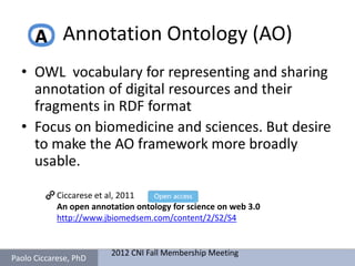 Annotation Ontology (AO)
  • OWL vocabulary for representing and sharing
    annotation of digital resources and their
    fragments in RDF format
  • Focus on biomedicine and sciences. But desire
    to make the AO framework more broadly
    usable.

            Ciccarese et al, 2011
            An open annotation ontology for science on web 3.0
            http://www.jbiomedsem.com/content/2/S2/S4


                         2012 CNI Fall Membership Meeting
Paolo Ciccarese, PhD
 