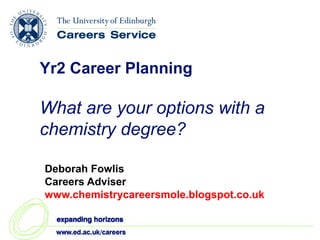 Yr2 Career Planning

What are your options with a
chemistry degree?

Deborah Fowlis
Careers Adviser
www.chemistrycareersmole.blogspot.co.uk
 