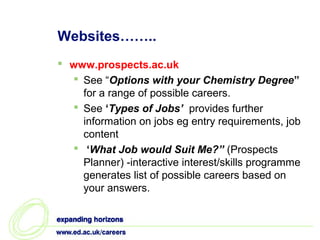 Websites……..
 www.prospects.ac.uk
   See “Options with your Chemistry Degree”
    for a range of possible careers.
   See ‘Types of Jobs’ provides further
    information on jobs eg entry requirements, job
    content
   ‘What Job would Suit Me?” (Prospects
    Planner) -interactive interest/skills programme
    generates list of possible careers based on
    your answers.
 