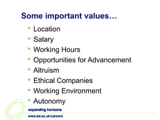Some important values…
    Location
    Salary
    Working Hours
    Opportunities for Advancement
    Altruism
    Ethical Companies
    Working Environment
    Autonomy
 