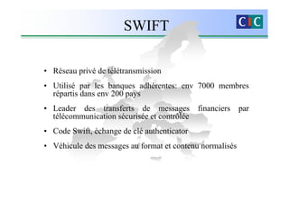 SWIFT

• Réseau privé de télétransmission
• Utilisé par les banques adhérentes: env 7000 membres
  répartis dans env 200 pays
• Leader des transferts de messages          financiers   par
  télécommunication sécurisée et contrôlée
• Code Swift, échange de clé authenticator
• Véhicule des messages au format et contenu normalisés
 