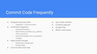 Commit Code Frequently
● Integrate early and often
○ Integration = Communication
● Avoid late integration
○ long-lived branches
○ Branch-heavy workﬂow (e.g., gitﬂow)
○ Time-consuming
○ Prevent developers from using latest
changes
● Make small changes
○ Break down a larger task
○ Feature ﬂags
● Commit after each task
● Up to date mainline
● Conﬂicts reduced
● Smaller PRs
● Better code review
 