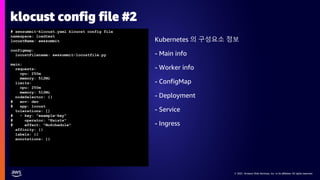 © 2021, Amazon Web Services, Inc. or its affiliates. All rights reserved.
© 2021, Amazon Web Services, Inc. or its affiliates. All rights reserved.
klocust config file #2
# awssummit-klocust.yaml kloucst config file
namespace: loadtest
locustName: awssummit
configmap:
locustFilename: awssummit-locustfile.py
main:
requests:
cpu: 250m
memory: 512Mi
limits:
cpu: 250m
memory: 512Mi
nodeSelector: {}
# env: dev
# app: locust
tolerations: []
# - key: "example-key"
# operator: "Exists"
# effect: "NoSchedule"
affinity: {}
labels: {}
annotations: {}
Kubernetes 의 구성요소 정보
- Main info
- Worker info
- ConfigMap
- Deployment
- Service
- Ingress
 