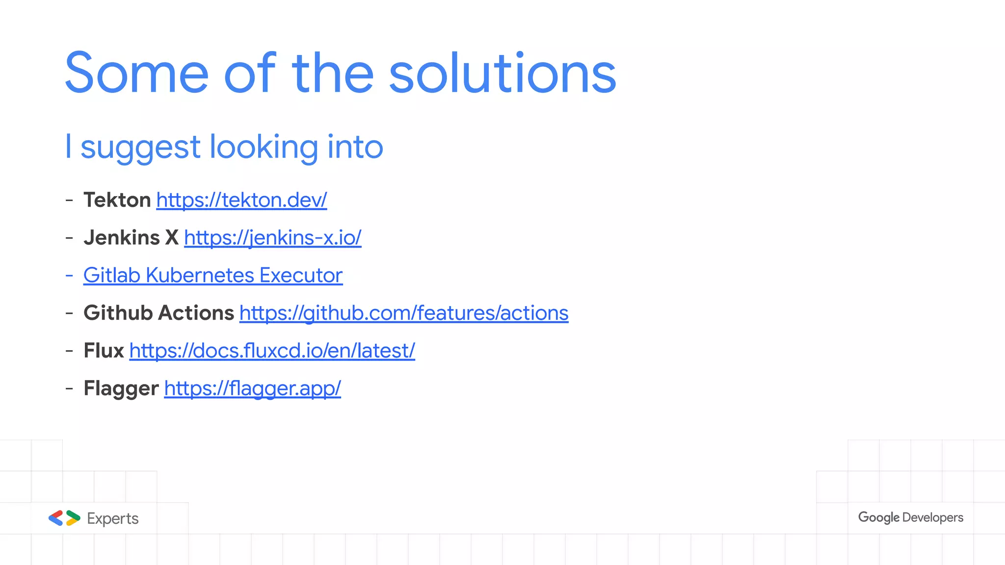 Some of the solutions
I suggest looking into
- Tekton https://tekton.dev/
- Jenkins X https://jenkins-x.io/
- Gitlab Kubernetes Executor
- Github Actions https://github.com/features/actions
- Flux https://docs.fluxcd.io/en/latest/
- Flagger https://flagger.app/
 