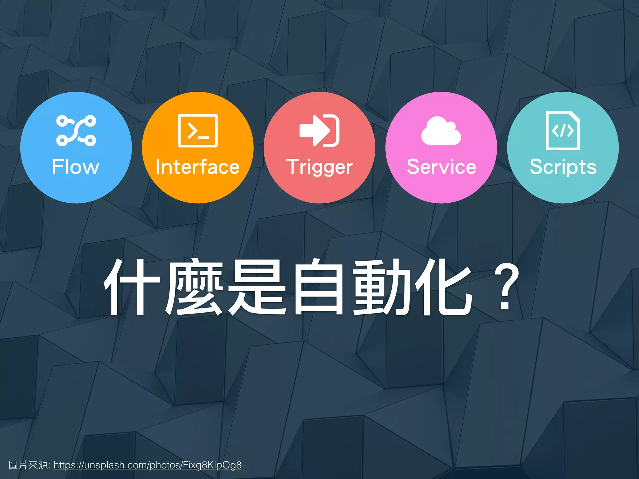 : https://unsplash.com/photos/Fixg8KipOg8
Trigger ScriptsInterface ServiceFlow
什麼是自動化？
 