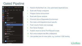 Gated Pipeline
1. Restore NuGet/Npm etc. only automated dependencies.
2. Build with Roslyn analyzers
3. Prepare Sonar environment
4. Build with Sonar analysis
5. Provision Azure Disposable Environment
6. Run tests unit/integration/cloud specific.
7. Push result of tests and coverage
8. Run Sonar Analyze
9. Publish result to Sonar Pull Request scope
10. Run extra analysis like R# or NDepend.
11. Use parallel jobs for slow parts, e.g. contract / E2E testing.
 