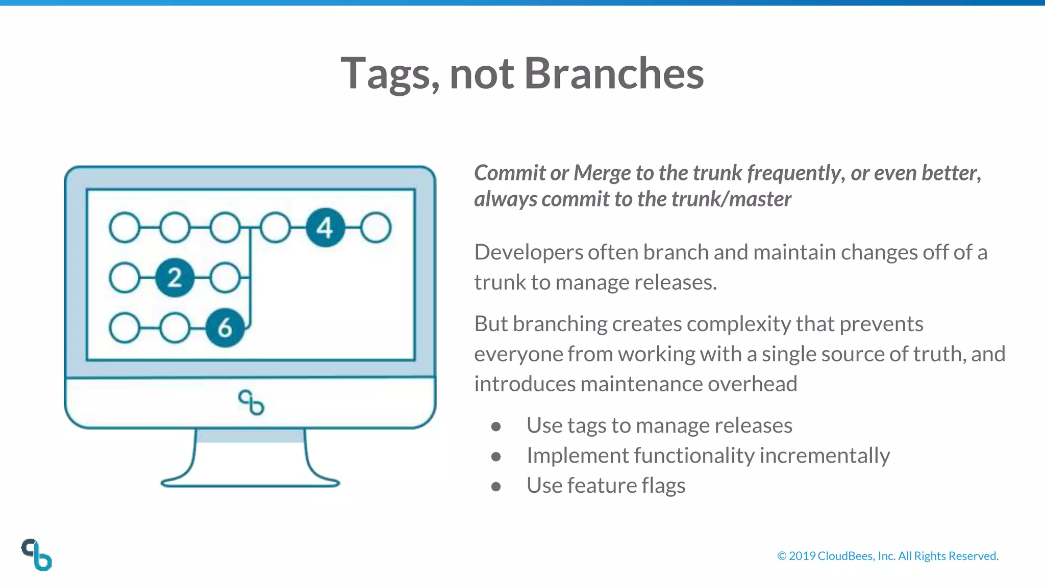 © 2019 CloudBees, Inc. All Rights Reserved.
Tags, not Branches
Commit or Merge to the trunk frequently, or even better,
always commit to the trunk/master
Developers often branch and maintain changes off of a
trunk to manage releases.
But branching creates complexity that prevents
everyone from working with a single source of truth, and
introduces maintenance overhead
● Use tags to manage releases
● Implement functionality incrementally
● Use feature flags
 