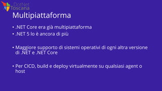 Multipiattaforma
• .NET Core era già multipiattaforma
• .NET 5 lo è ancora di più
• Maggiore supporto di sistemi operativi...