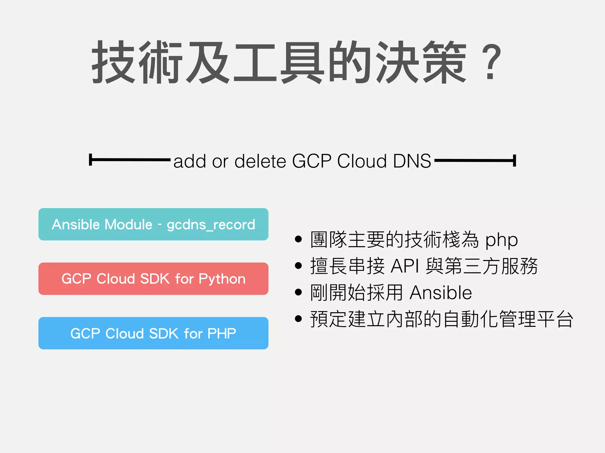 技術及工具的決策？
add or delete GCP Cloud DNS
GCP Cloud SDK for Python
Ansible Module - gcdns_record
GCP Cloud SDK for PHP
• php
• API
• Ansible
•
 
