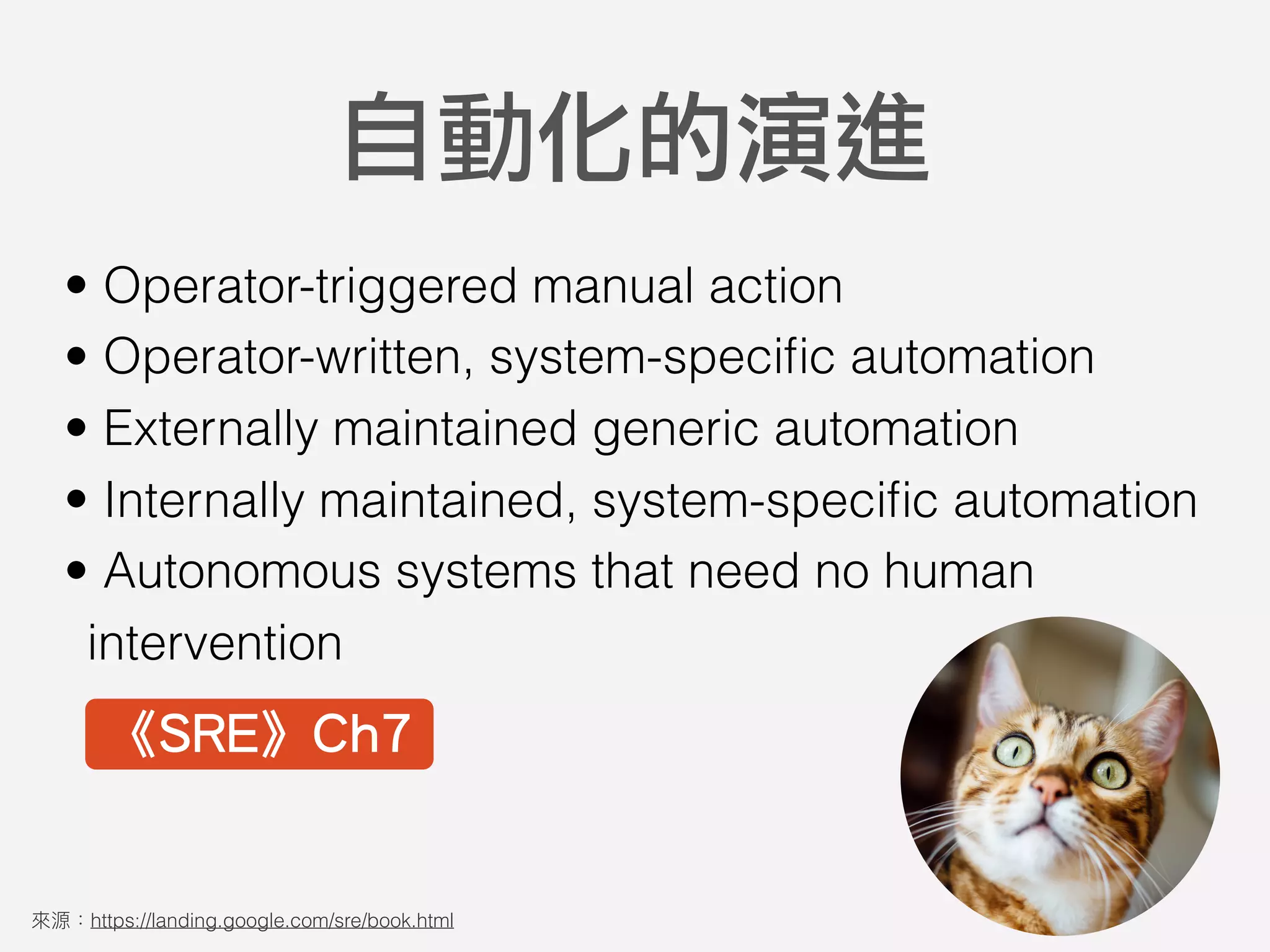 • Operator-triggered manual action
• Operator-written, system-speciﬁc automation
• Externally maintained generic automation
• Internally maintained, system-speciﬁc automation
• Autonomous systems that need no human
intervention
自動化的演進
https://landing.google.com/sre/book.html
《SRE》Ch7
 