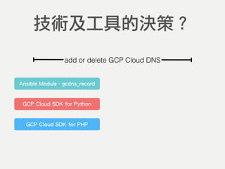 技術及工具的決策？
add or delete GCP Cloud DNS
GCP Cloud SDK for Python
Ansible Module - gcdns_record
GCP Cloud SDK for PHP
 