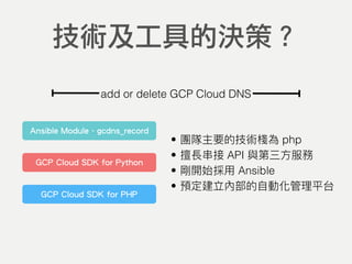 技術及工具的決策？
add or delete GCP Cloud DNS
GCP Cloud SDK for Python
Ansible Module - gcdns_record
GCP Cloud SDK for PHP
• php
• API
• Ansible
•
 