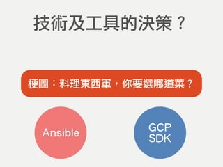 技術及工具的決策？
Ansible GCP
SDK
梗圖：料理東西軍，你要選哪道菜？
 