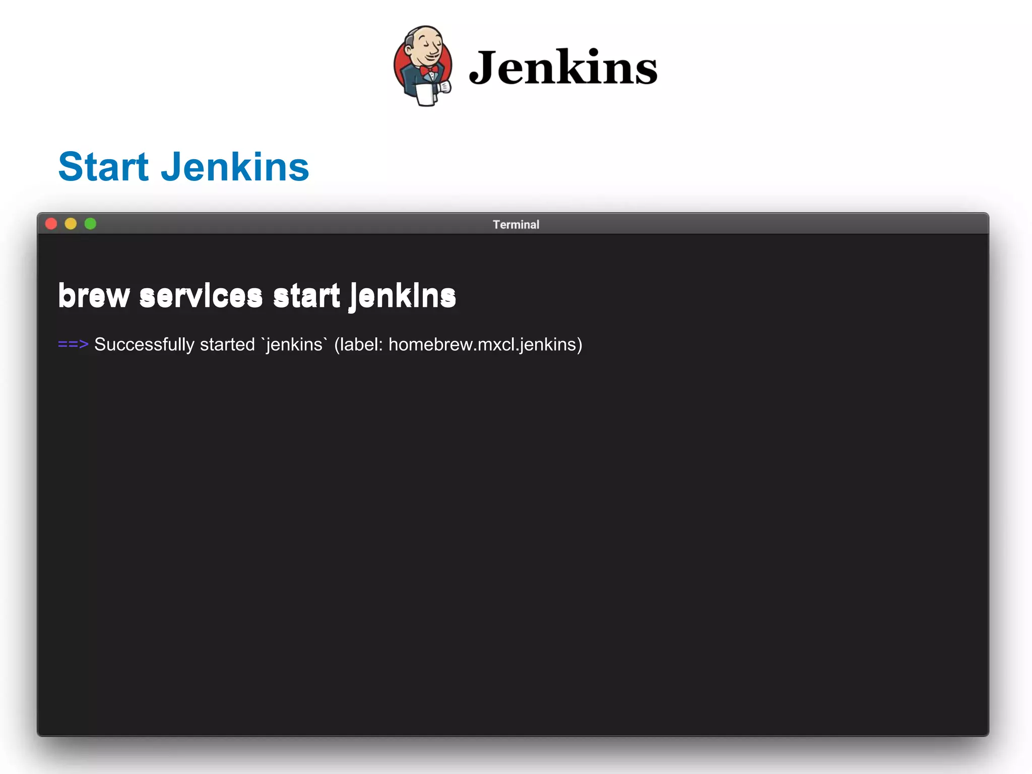 Start Jenkins
brew services start jenkins
==> Successfully started `jenkins` (label: homebrew.mxcl.jenkins)
brew services start jenkins
 