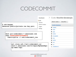 CODECOMMIT
Host git-codecommit.*.amazonaws.com
User APKAEIBAERJR2EXAMPLE
IdentityFile ~/.ssh/codecommit_rsa
git clone ssh://git-codecommit.us-
east-1.amazonaws.com/v1/repos/MyDemoRepo
my-demo-repo
$ ssh-keygen
Generate public/private rsa key pair.
paolo.latella@xpeppers.com
 