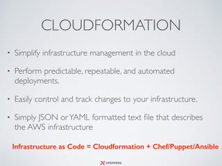 CLOUDFORMATION
• Simplify infrastructure management in the cloud
• Perform predictable, repeatable, and automated
deployments.
• Easily control and track changes to your infrastructure.
• Simply JSON orYAML formatted text ﬁle that describes
the AWS infrastructure
Infrastructure as Code = Cloudformation + Chef/Puppet/Ansible
 