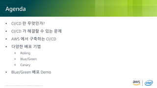 © 2018, Amazon Web Services, Inc. or its Affiliates. All rights reserved.© 2018, Amazon Web Services, Inc. or its Affiliates. All rights reserved.
Agenda
• CI/CD 란 무엇인가?
• CI/CD 가 해결할 수 있는 문제
• AWS 에서 구축하는 CI/CD
• 다양한 배포 기법
• Rolling
• Blue/Green
• Canary
• Blue/Green 배포 Demo
 