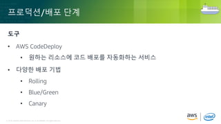 © 2018, Amazon Web Services, Inc. or its Affiliates. All rights reserved.© 2018, Amazon Web Services, Inc. or its Affiliates. All rights reserved.
프로덕션/배포 단계
도구
• AWS CodeDeploy
• 원하는 리소스에 코드 배포를 자동화하는 서비스
• 다양한 배포 기법
• Rolling
• Blue/Green
• Canary
 