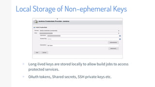 Local Storage of Non-ephemeral Keys
▹ Long-lived keys are stored locally to allow build jobs to access
protected services.
▹ OAuth tokens, Shared secrets, SSH private keys etc.
 