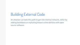 Building External Code
An attacker can take this path to get into internal network, either by
adding backdoors or exploiting known vulnerabilities with open
source software.
 