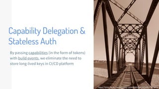 Capability Delegation &
Stateless Auth
https://www.flickr.com/photos/18946008@N06/14551311971/
By passing capabilities (in the form of tokens)
with build events, we eliminate the need to
store long-lived keys in CI/CD platform
 