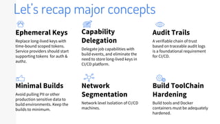 Let’s recap major concepts
Ephemeral Keys
Replace long-lived keys with
time-bound scoped tokens.
Service providers should start
supporting tokens for auth &
authz.
Capability
Delegation
Delegate job capabilities with
build events, and eliminate the
need to store long-lived keys in
CI/CD platform.
Audit Trails
A verifiable chain of trust
based on traceable audit logs
is a foundational requirement
for CI/CD.
Minimal Builds
Avoid pulling PII or other
production sensitive data to
build environments. Keep the
builds to minimum.
Network
Segmentation
Network level Isolation of CI/CD
machines.
Build ToolChain
Hardening
Build tools and Docker
containers must be adequately
hardened.
 