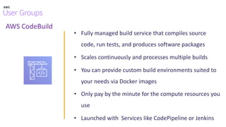 AWS CodeBuild
• Fully managed build service that compiles source
code, run tests, and produces software packages
• Scales continuously and processes multiple builds
• You can provide custom build environments suited to
your needs via Docker images
• Only pay by the minute for the compute resources you
use
• Launched with Services like CodePipeline or Jenkins
 