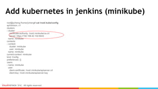 Add kubernetes in jenkins (minikube)
root@ycheng:/home/ycheng# cat /root/.kube/config
apiVersion: v1
clusters:
- cluster:
certificate-authority: /root/.minikube/ca.crt
server: https://192.168.42.102:8443
name: minikube
contexts:
- context:
cluster: minikube
user: minikube
name: minikube
current-context: minikube
kind: Config
preferences: {}
users:
- name: minikube
user:
client-certificate: /root/.minikube/apiserver.crt
client-key: /root/.minikube/apiserver.key
 