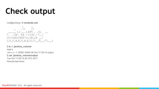 Check output
root@ycheng:~# minikube ssh
_ _
_ _ ( ) ( )
___ ___ (_) ___ (_)| |/') _ _ | |_ __
/' _ ` _ `| |/' _ `| || , < ( ) ( )| '_` /'__`
| ( ) ( ) || || ( ) || || |` | (_) || |_) )( ___/
(_) (_) (_)(_)(_) (_)(_)(_) (_)`___/'(_,__/'`____)
$ ls -l ./jenkins_volume/
total 4
-rw-r--r-- 1 10000 10000 48 Oct 17 09:14 output
$ cat ./jenkins_volume/output
Tue Oct 17 09:14:39 UTC 2017
free-job-test-done
 