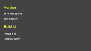 Version
要 release 出去的
使用者面向的
Build Id
內部溝通的
開發測試面向的
18
 