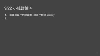 9/22 小組討論 4
1. 部署到客戶的驗收機，給客戶驗收 stanley
2.
29
 